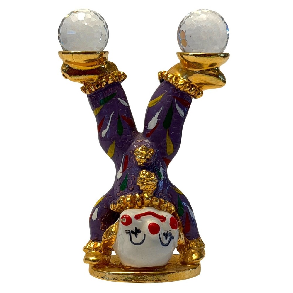Spooniques Vintage Pewter Clown Figurine Handstand Crystal Balls Purple Gold 2"